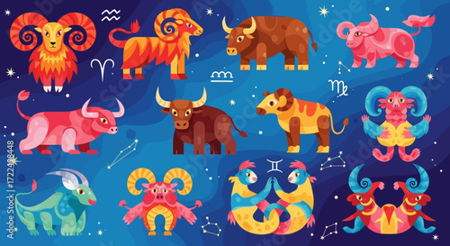 A vibrant collection of zodiac signs depicted as stylized animals.