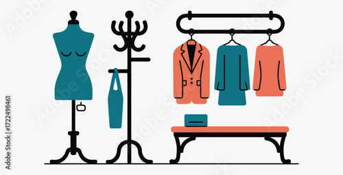 Fashion studio vector illustration with mannequin and coat rack scene