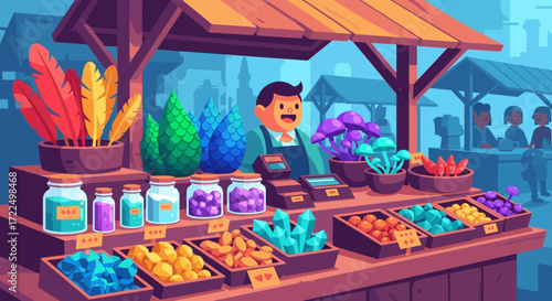 A vibrant market stall with a vendor selling colorful goods.