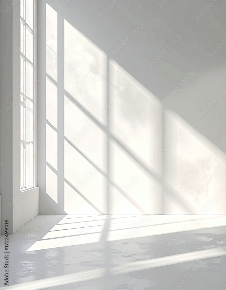 Obraz premium Sunlight streams through large windows, casting soft shadows on a white room