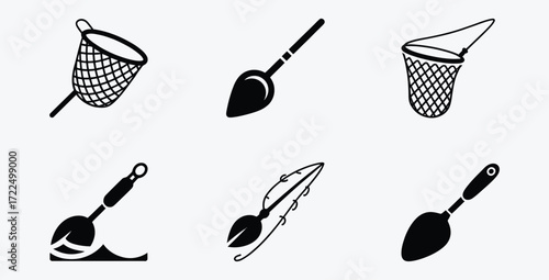 Fishing and Digging Tools Icons Vector Illustration in Black and White