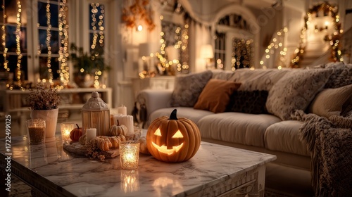 Front view of Halloween celebration in a warmly lit room with white marble table decorated with Halloween ornaments, sofa in the background, colored lights on the wall, cozy festive interior design