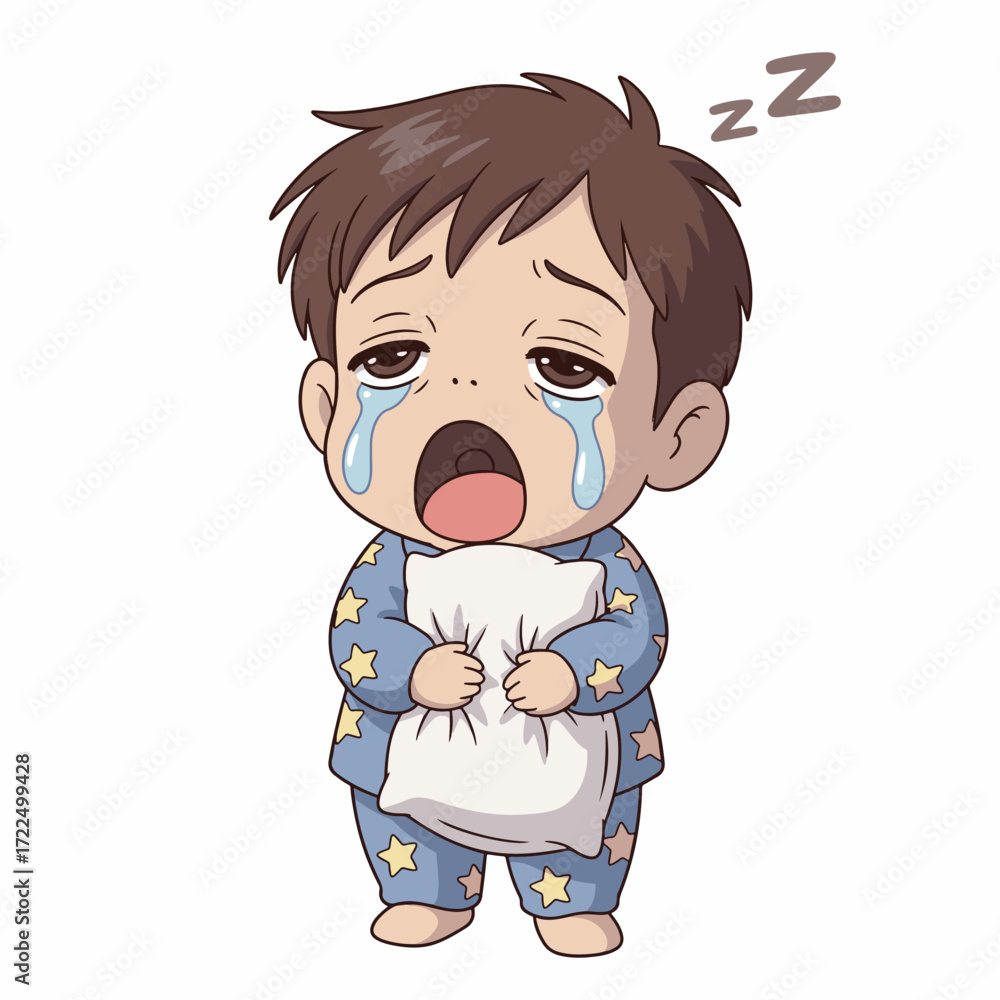 Obraz premium Flat 2D vector illustration, gilpy-style character anime 1980s inspired, big droopy eyes half closed, yawning with exaggerated teardrop yawn effect.
