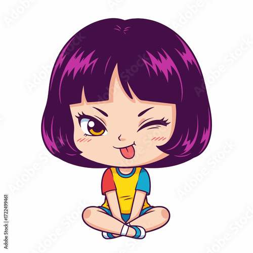 Retro anime-style gilpy chibi girl in lovelycheeky pose, sitting playfully with legs crossed, tongue sticking out, teasing eyes, flat 2D vector