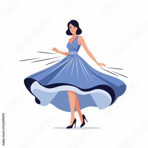 Flat 2D vector illustration, fashion model twirling in flowing dress.