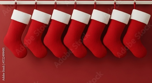 Festive Christmas Stocking Display Against Deep Red Background