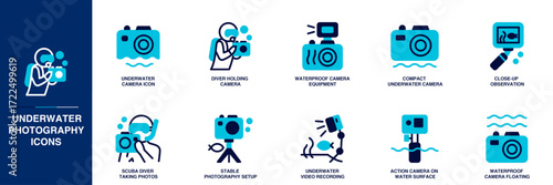 Underwater Photography Blue Colored Outline Icon Set