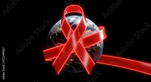 Red Ribbon Wrapped Around Earth: Global AIDS Awareness Symbolism on Black Background