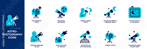 Astrophotography Blue Colored Outline Icon Set