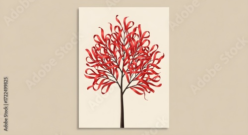 Ribbon Tree: Abstract Red Foliage on Ivory, Minimalist Art Print