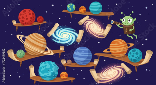 Alien exploring planets and galaxies on shelves in space.