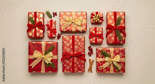 Festive Christmas Gift Arrangement: Red & Gold Presents, Flatlay