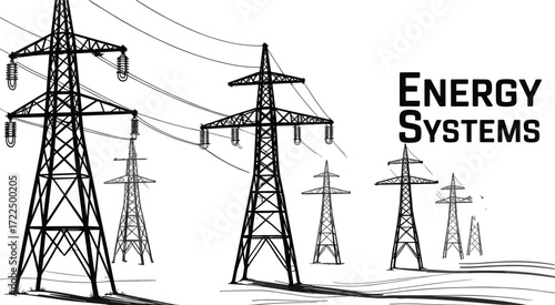 Electric Power Transmission Towers Silhouette, High Voltage Grid Infrastructure, Energy Systems Vector Illustration for Industrial Design, Engineering, and Renewable Energy Concepts