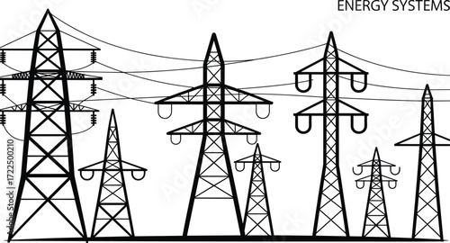 Electric Power Transmission Towers Silhouette, High Voltage Grid Infrastructure, Energy Systems Vector Illustration for Industrial Design, Engineering, and Renewable Energy Concepts