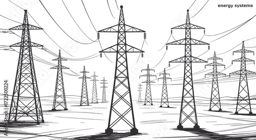 Electric Power Transmission Towers Silhouette, High Voltage Grid Infrastructure, Energy Systems Vector Illustration for Industrial Design, Engineering, and Renewable Energy Concepts