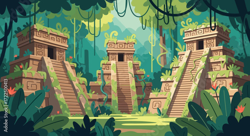 Ancient Mayan pyramids hidden deep within a lush jungle environment.
