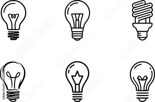 Collection of six different light bulb icons in black and white