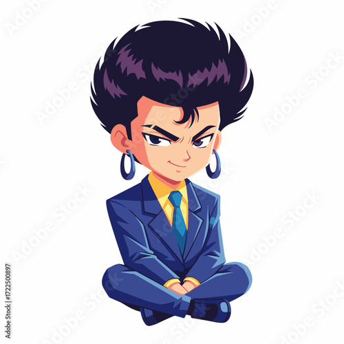 flat vector 2D — Retro anime-style chibi girl sitting gracefully on an invisible chair like a model in editorial photoshoot