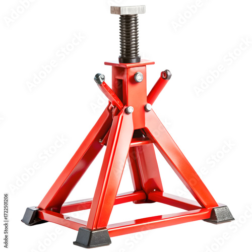 Red Metal Jack Stand for Vehicle Support Isolated on Black Background Keywords: jack stand, car jack