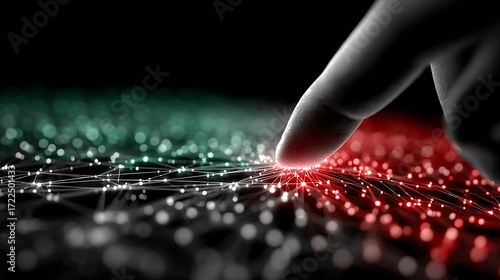 Fingertip Touching Futuristic Network, Red and Green Light