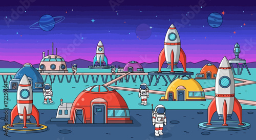 Astronauts and rockets on an alien planet with futuristic buildings.
