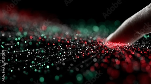 Fingertip Exploring Red and Green Illuminated Particles