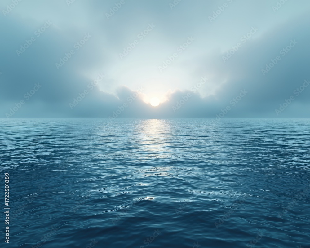 Obraz premium A serene, misty sunrise over a calm sea
