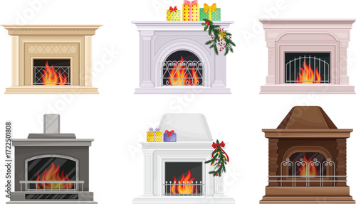 Christmas Fireplace Decorated with Garland and Wrapped Holiday Gifts Illustration