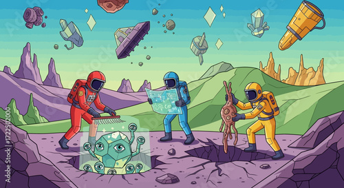 Astronauts exploring an alien planet with a friendly alien creature.