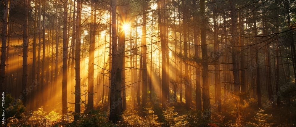 Obraz premium Golden sunlight through forest trees