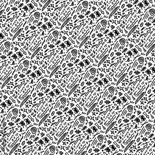 Whimsical hand-drawn cosmic doodle pattern of stars, comets, and abstract shapes on a white background, creating a playful and energetic celestial design
