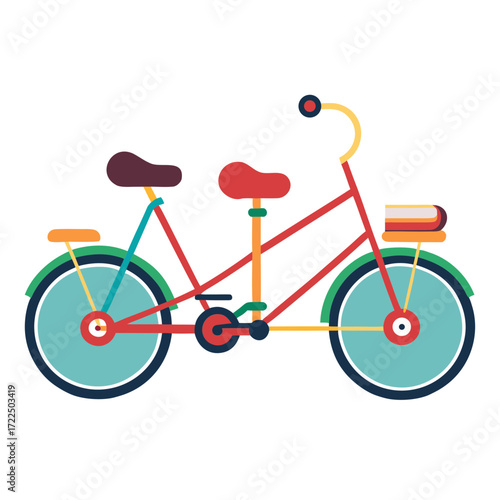 Colorful flat design tandem bicycle with two seats and fenders
