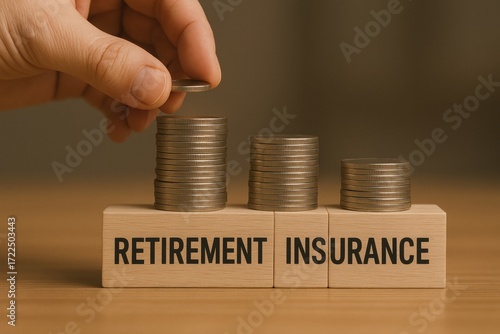 Wallpaper Mural Life insurance retirement planning future financial. Hand placing a coin atop stacks representing retirement and insurance savings. Torontodigital.ca