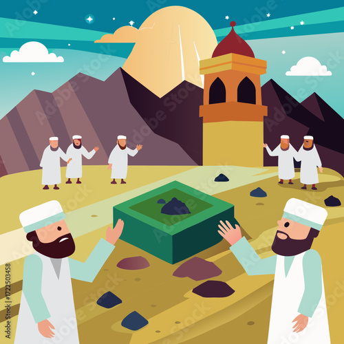 Muslim pilgrims gather near a sacred structure during a desert sunset
