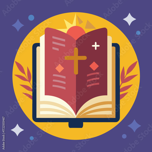 Sacred open bible with cross and sunrise symbolizing divine revelation and faith
