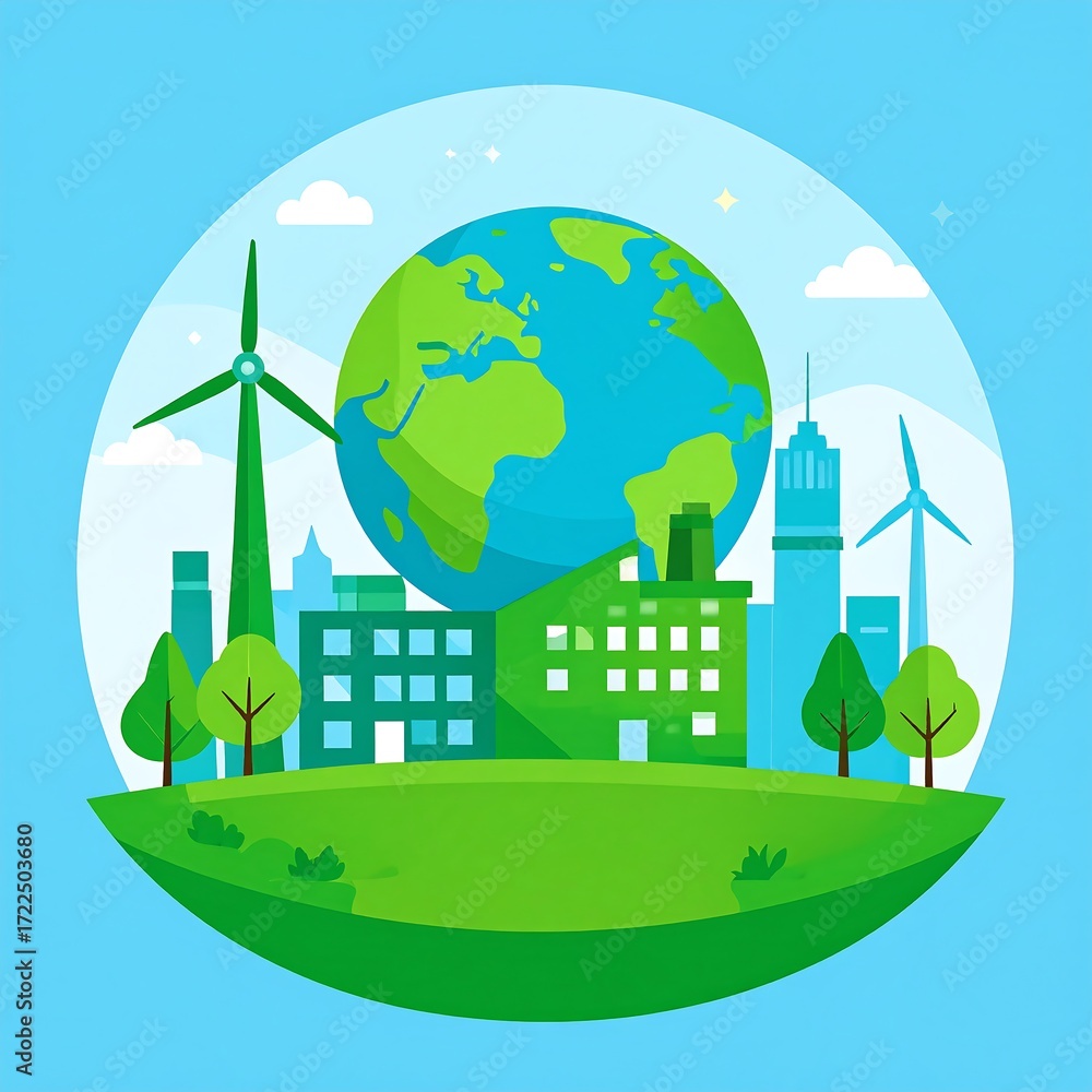 Naklejka premium Sustainable city, Earth, and wind power