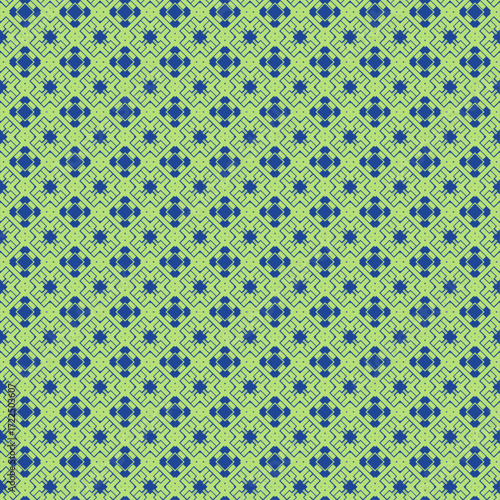 Seamless geometric pattern with blue ornate floral motifs on a pastel green background, abstract digital textile design