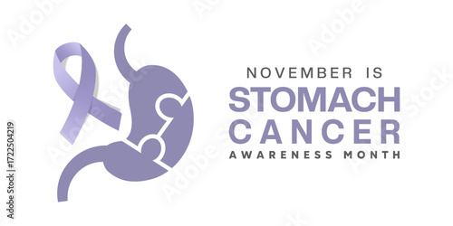 November is National Stomach Cancer Awareness Month. Stomach and ribbon. Suitable for posters, banners and social media. White background.