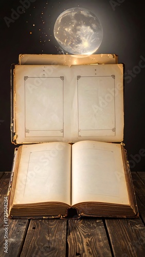 Open antique book with moon