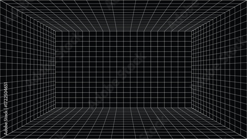 Abstract black and white grid tunnel background with perspective effect, creating a sense of depth and dimension