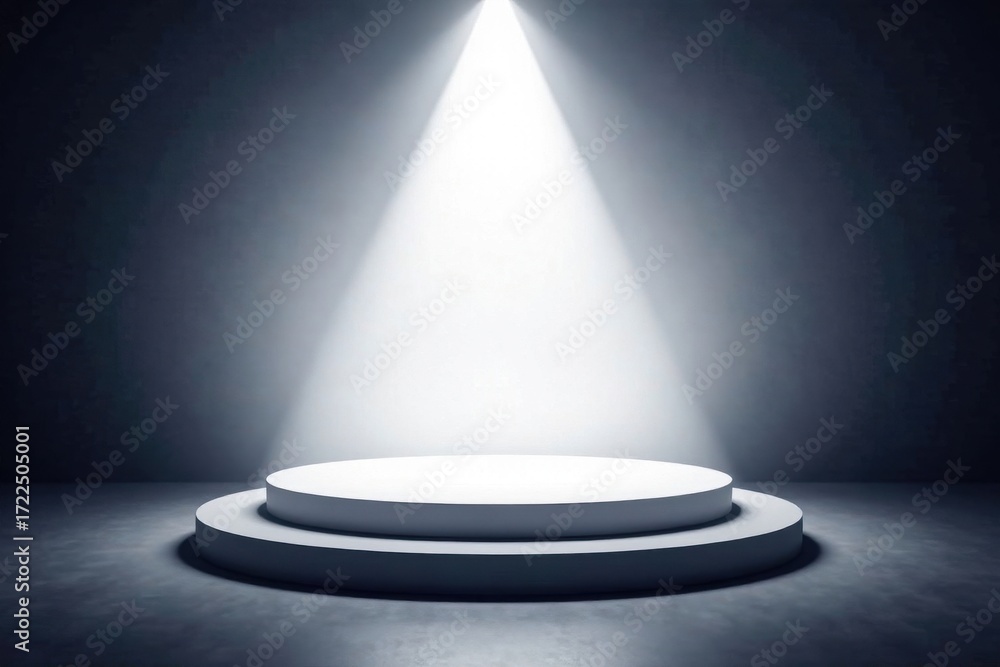 Obraz premium Bright white stage, single spotlight illuminates center , theater, white, blank
