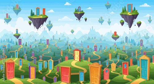 Colorful Doors and Pathways in a Fantasy Landscape.