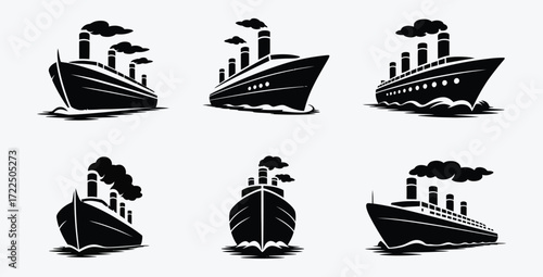 Set of black silhouette steamboats and ocean liners on white background