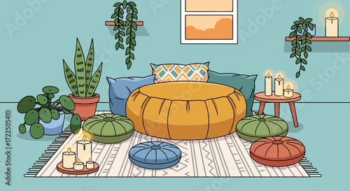 Cozy floor seating arrangement with cushions and plants.