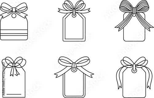 Collection of Six Gift Tags with Bows in Outline Style