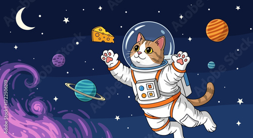 Cute Cat Astronaut Floating in Space with Cheese.