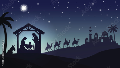 Nativity Scene with Silhouette of Three Wise Men on Camels under Starry Night Sky