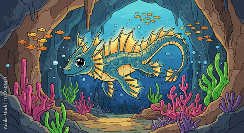 Cute Cartoon Sea Dragon Swimming Underwater.