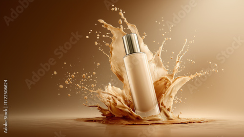 Foundation Bottle Splashing in Beige Cosmetic Liquid