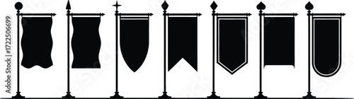 Collection of Black Silhouettes of Various Banner Flags on Poles